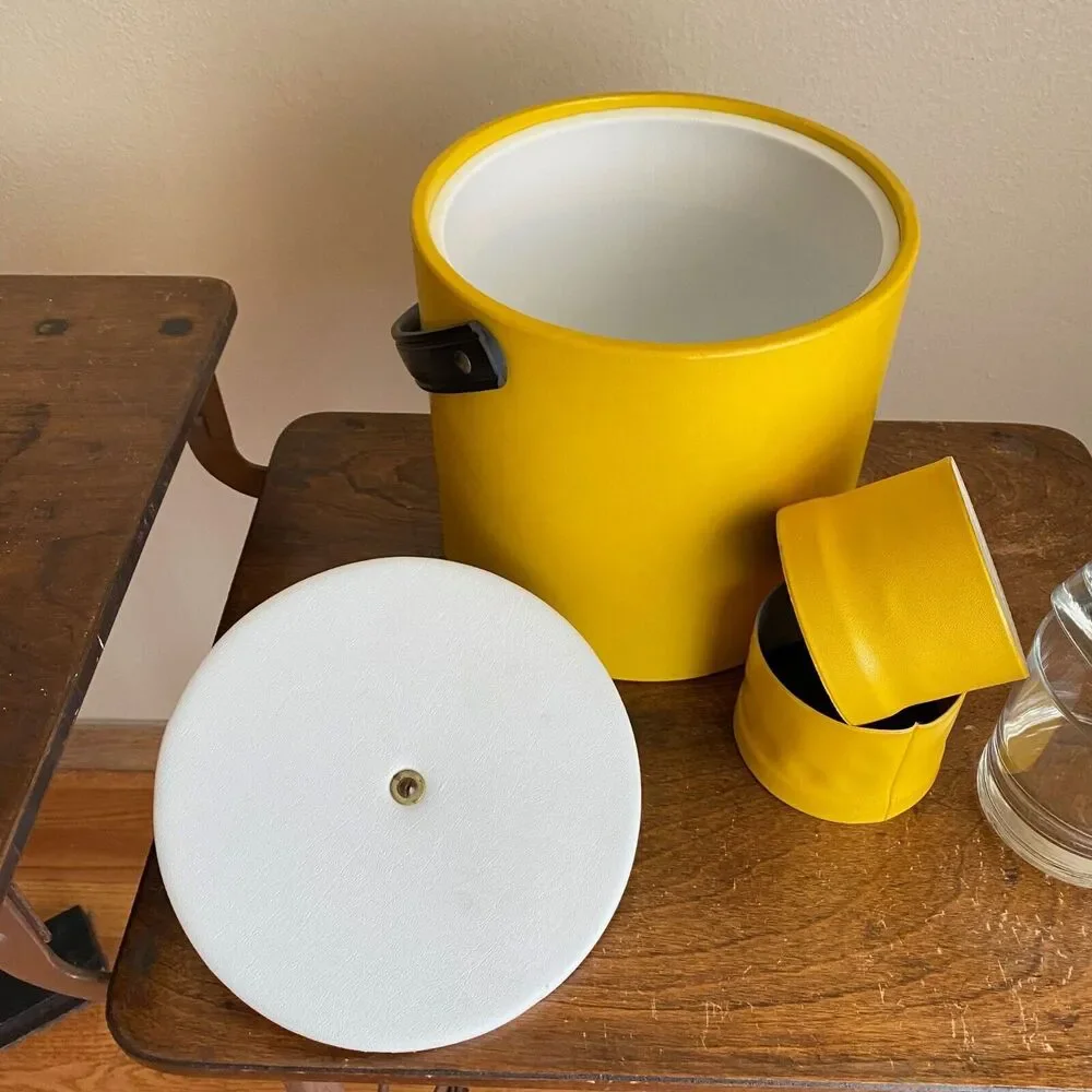 Vintage Yellow Vinyl Ice Bucket w Rocks Glasses Vinyl Cover Bar Set Mid-Century